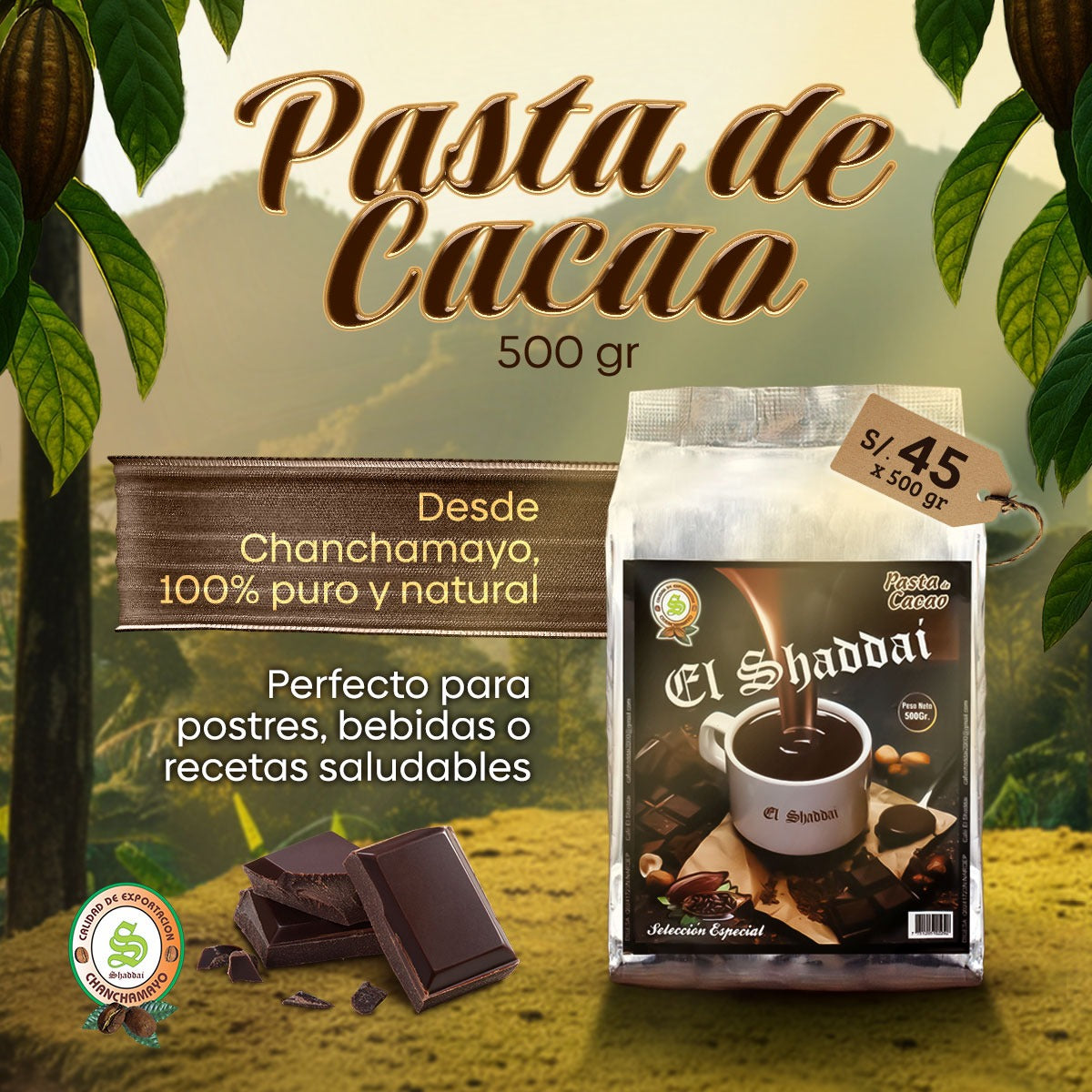 Pasta de Cacao Artesanal 100% Puro 1kg (Grado Premium sin azúcar) | Energía Natural de la Selva